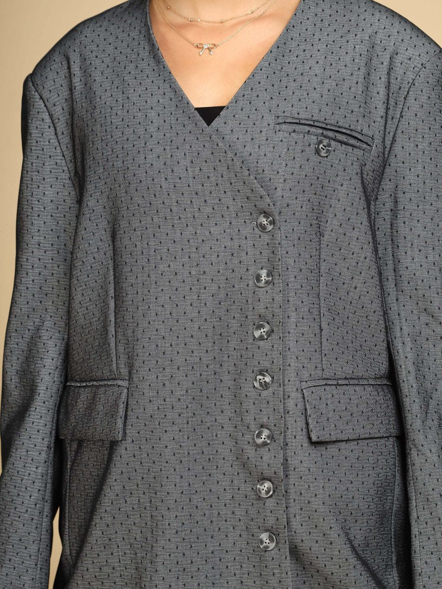 Dot Grid Asymmetric Blazer with Scarf - LEYR