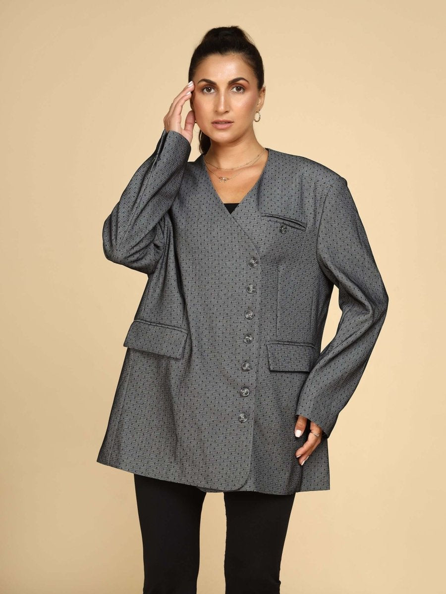 Dot Grid Asymmetric Blazer with Scarf - LEYR