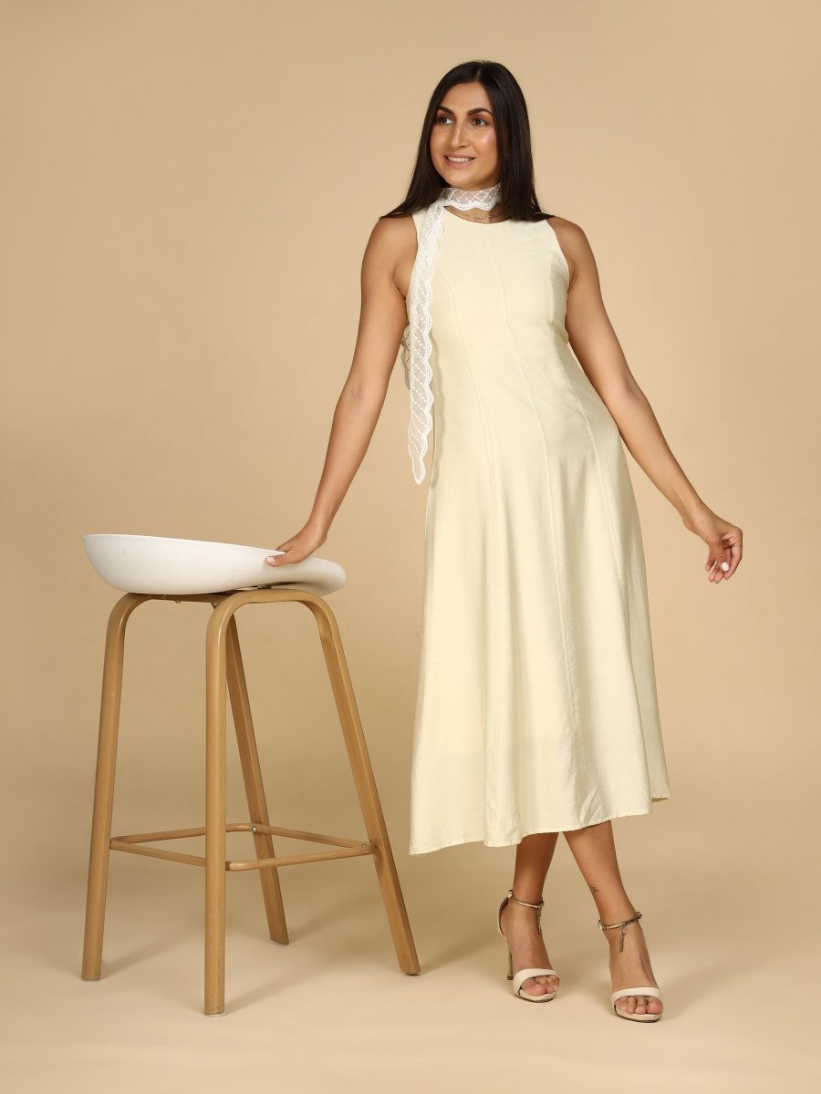 Vanilla Grace Sleeveless Midi Dress with Lace Scarf - LEYR