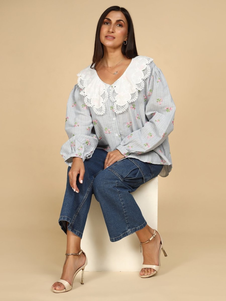 Embroidered Floral on Stripes Shirt - LEYR