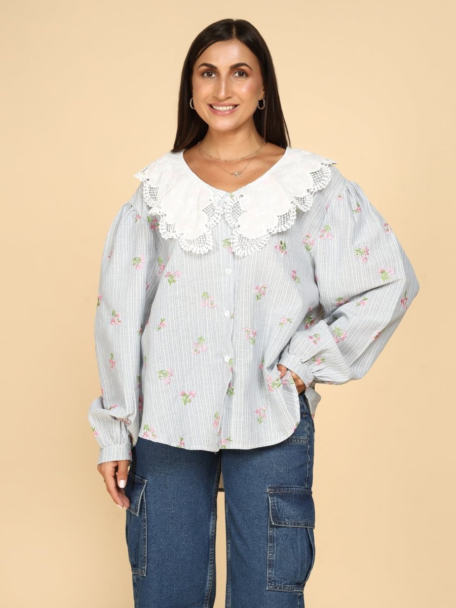 Embroidered Floral on Stripes Shirt - LEYR