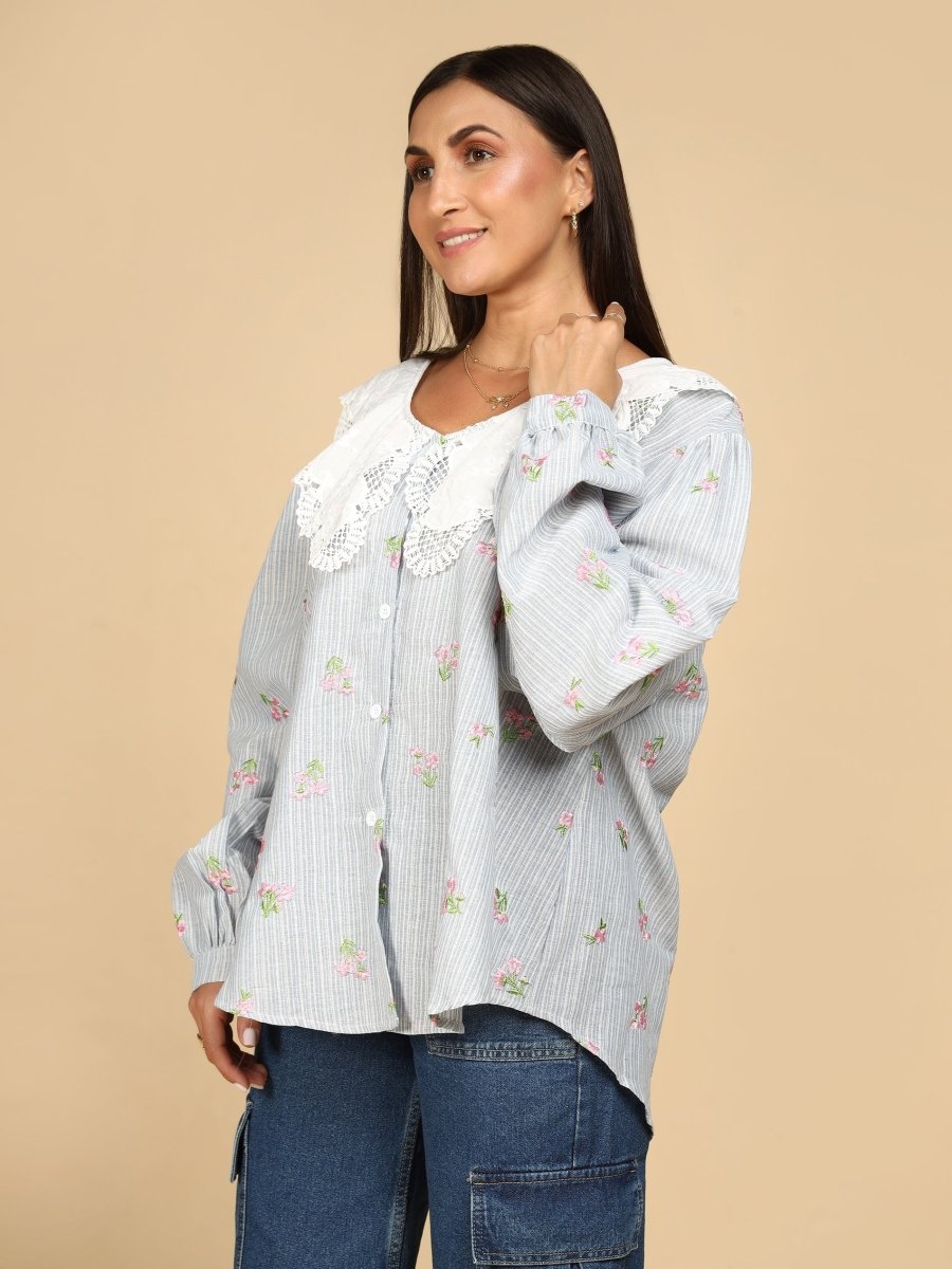 Embroidered Floral on Stripes Shirt - LEYR