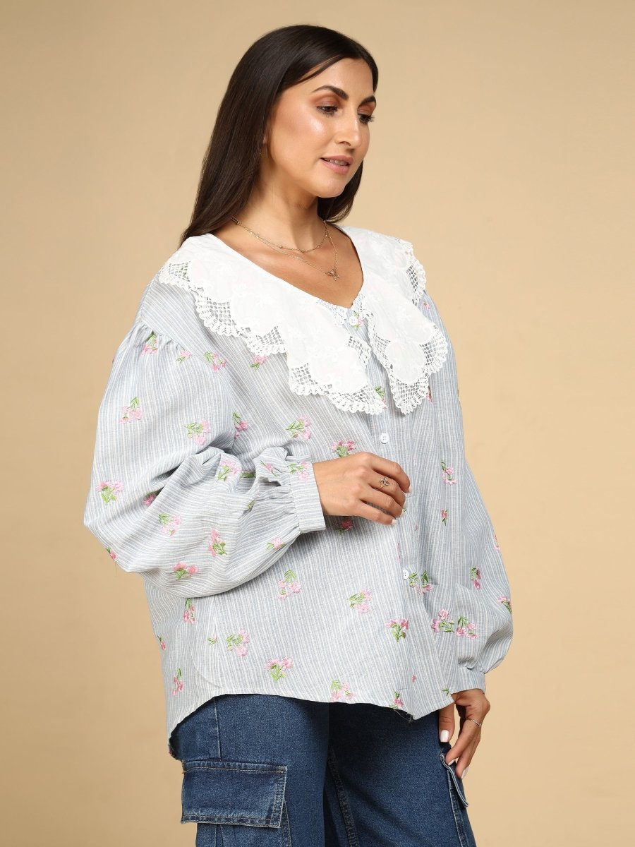 Embroidered Floral on Stripes Shirt - LEYR