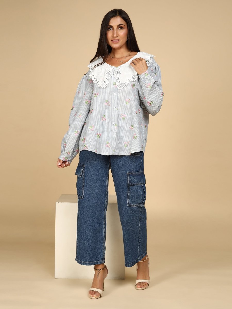 Embroidered Floral on Stripes Shirt - LEYR