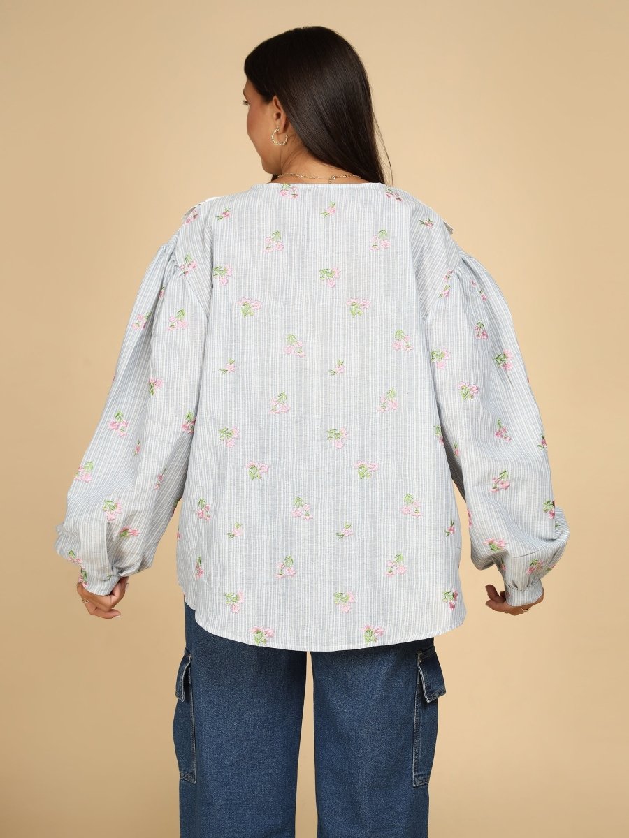 Embroidered Floral on Stripes Shirt - LEYR