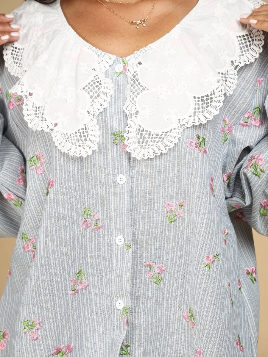 Embroidered Floral on Stripes Shirt - LEYR
