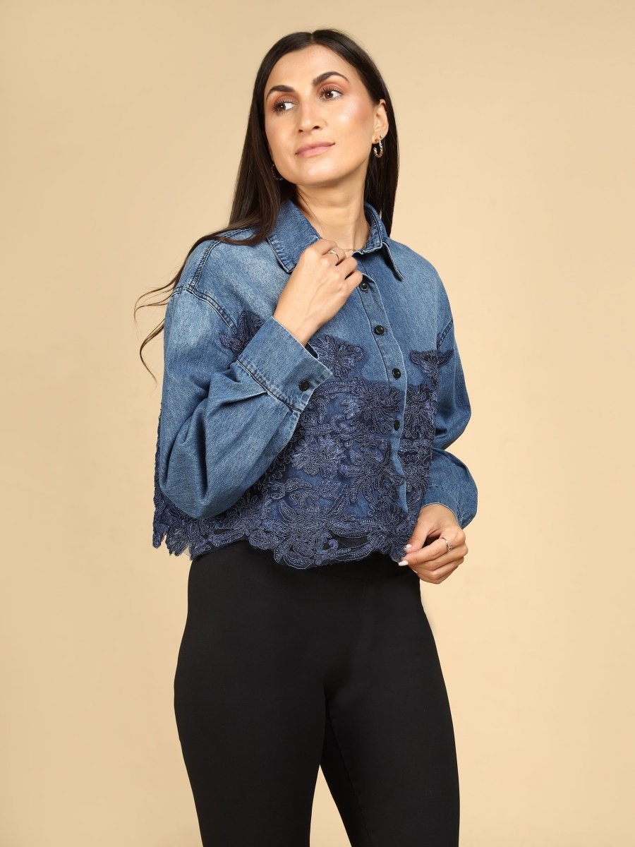 Indigo Lace Petal Crop Shirt - LEYR