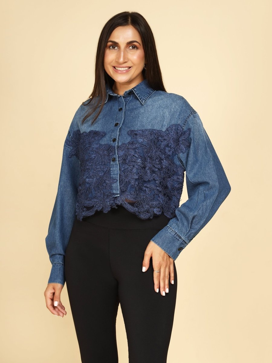 Indigo Lace Petal Crop Shirt - LEYR
