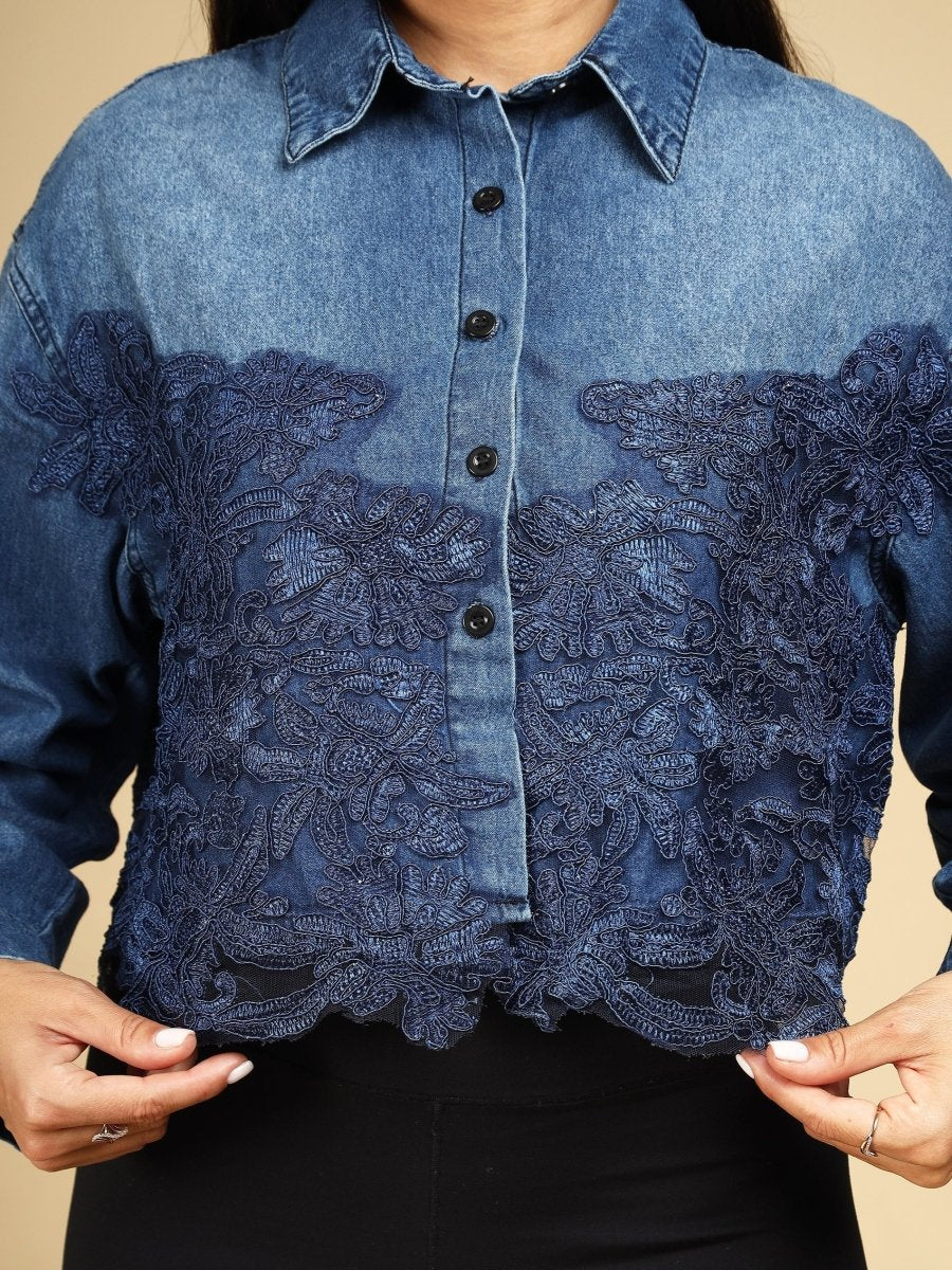 Indigo Lace Petal Crop Shirt - LEYR