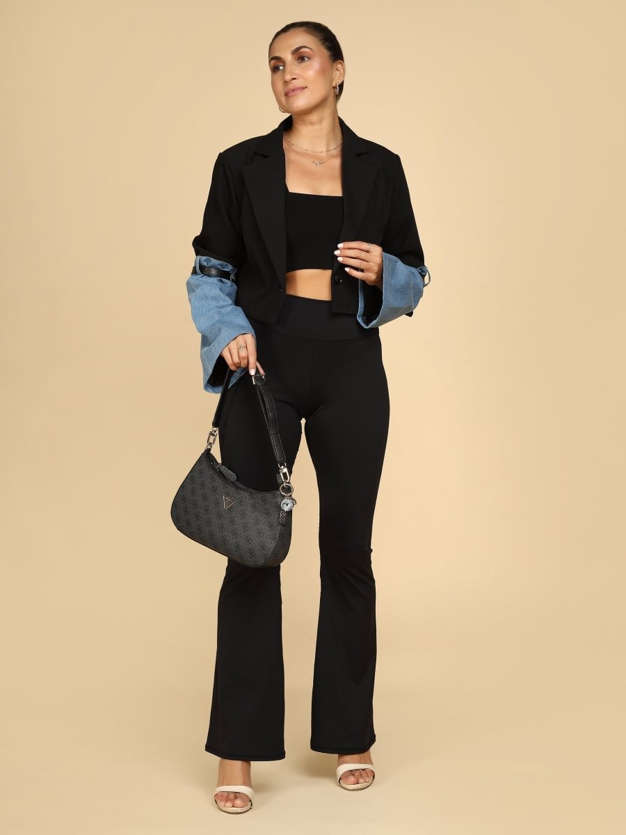 Denim-Cuff Hybrid Crop Black Blazer - LEYR
