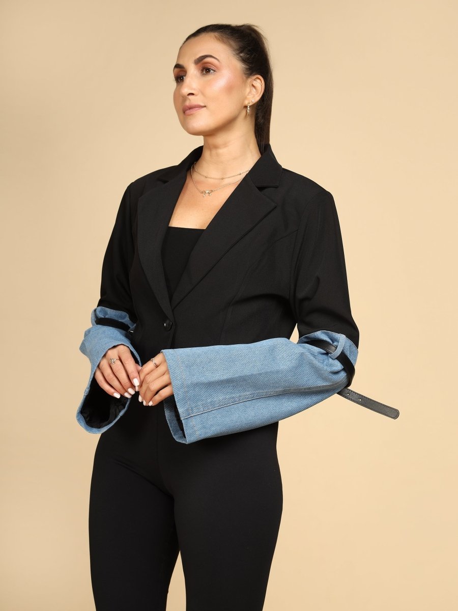 Denim-Cuff Hybrid Crop Black Blazer - LEYR