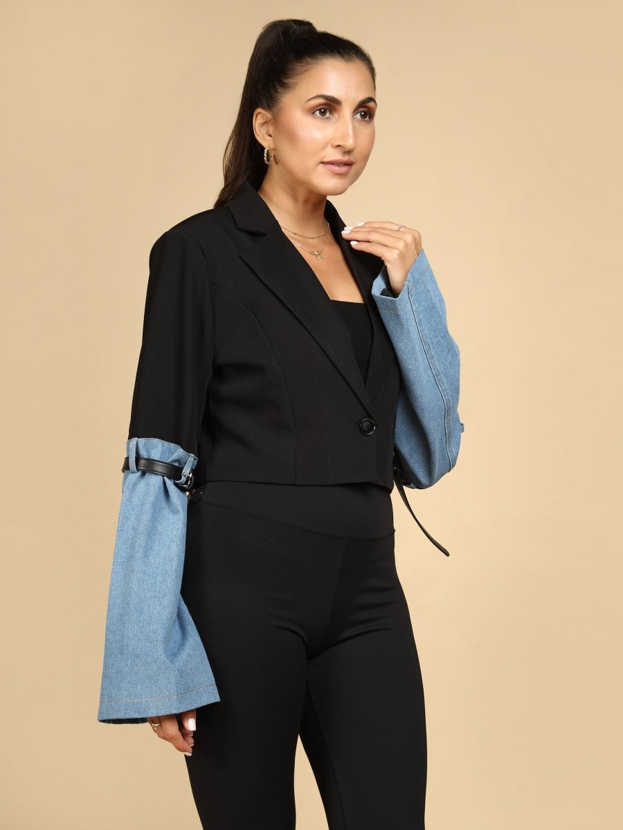 Denim-Cuff Hybrid Crop Black Blazer - LEYR