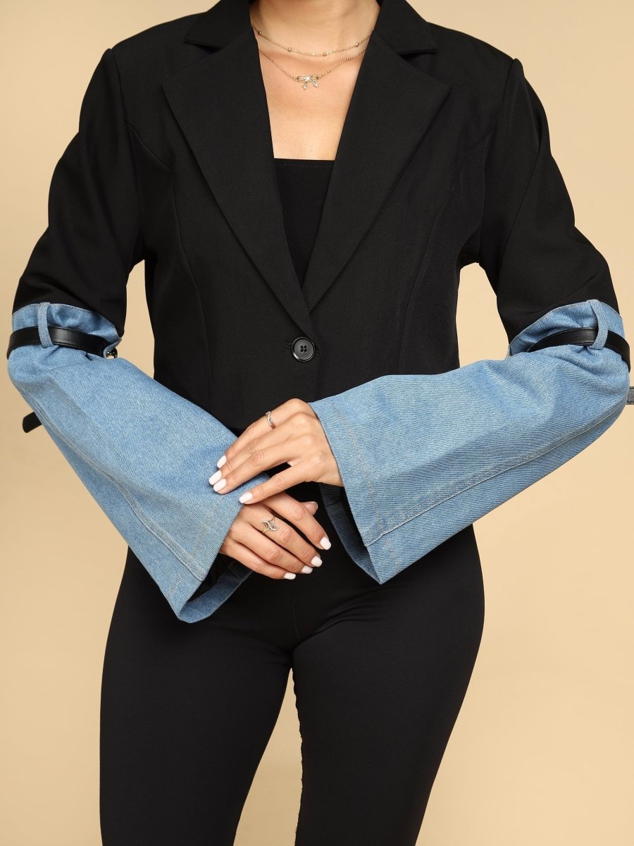 Denim-Cuff Hybrid Crop Black Blazer - LEYR