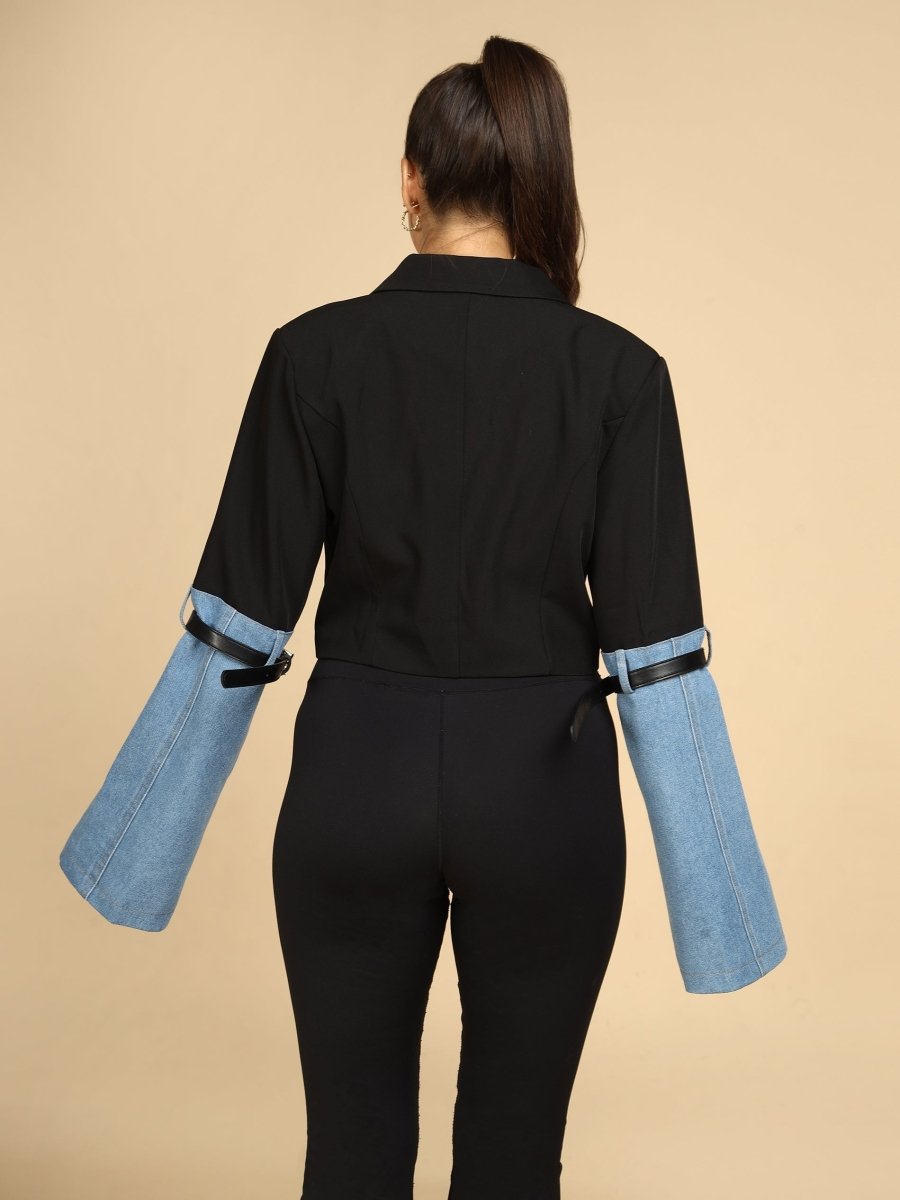 Denim-Cuff Hybrid Crop Black Blazer - LEYR