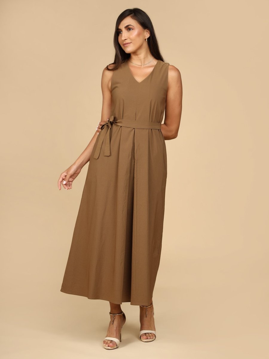 Earthtone Belted Midi Dress with Pockets - LEYR
