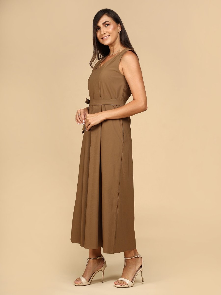 Earthtone Belted Midi Dress with Pockets - LEYR