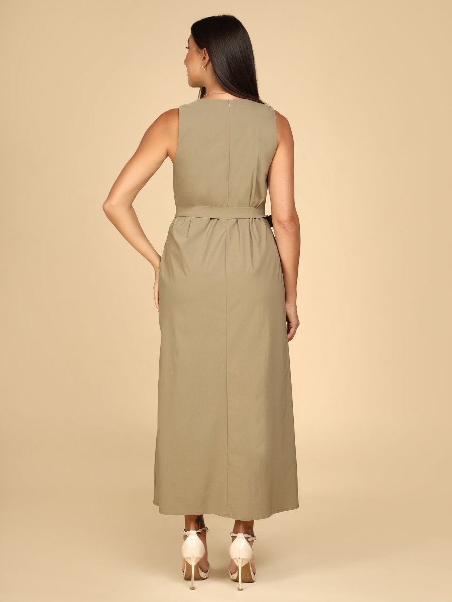 Earthtone Belted Midi Dress with Pockets - LEYR