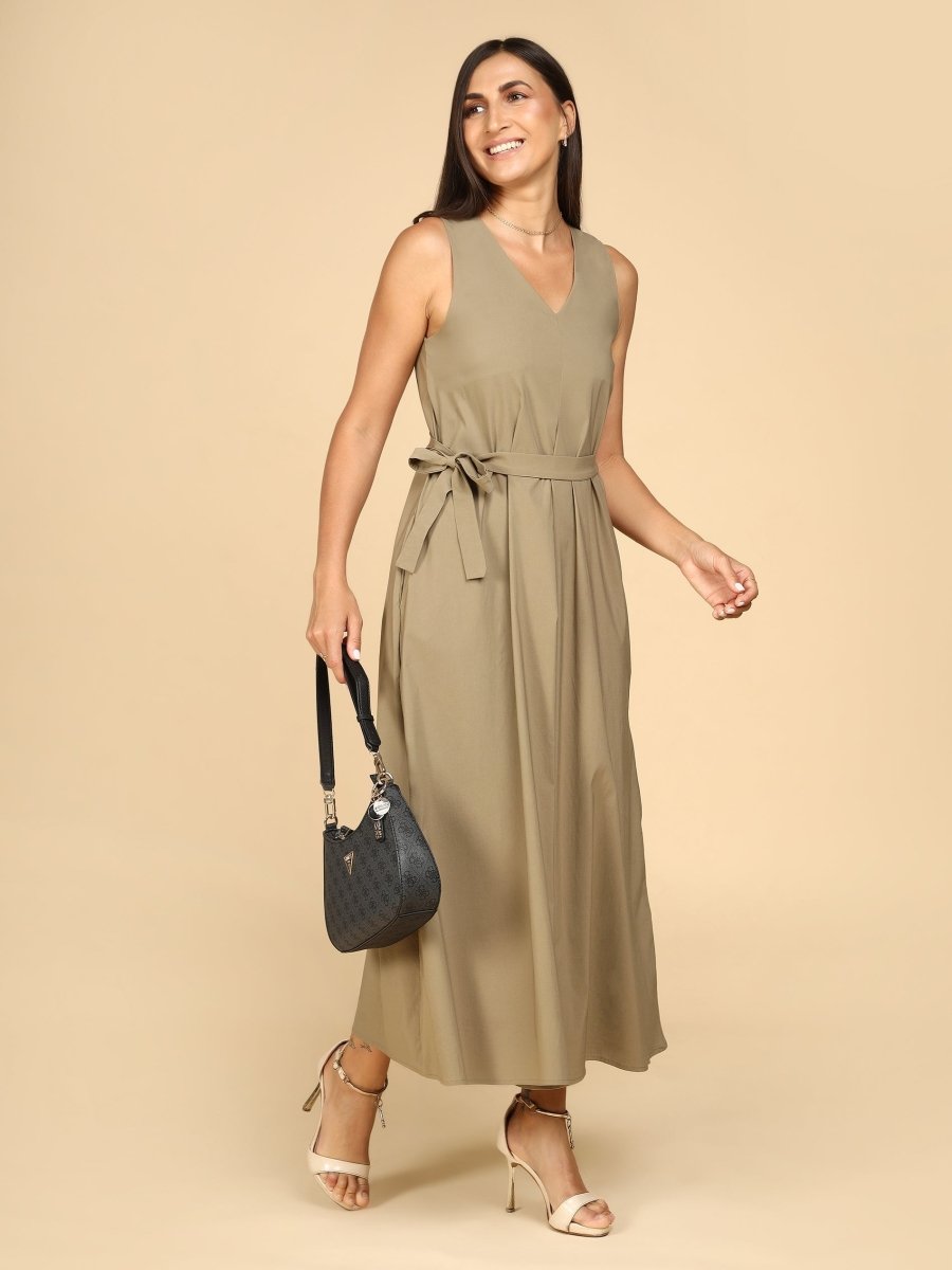 Earthtone Belted Midi Dress with Pockets - LEYR