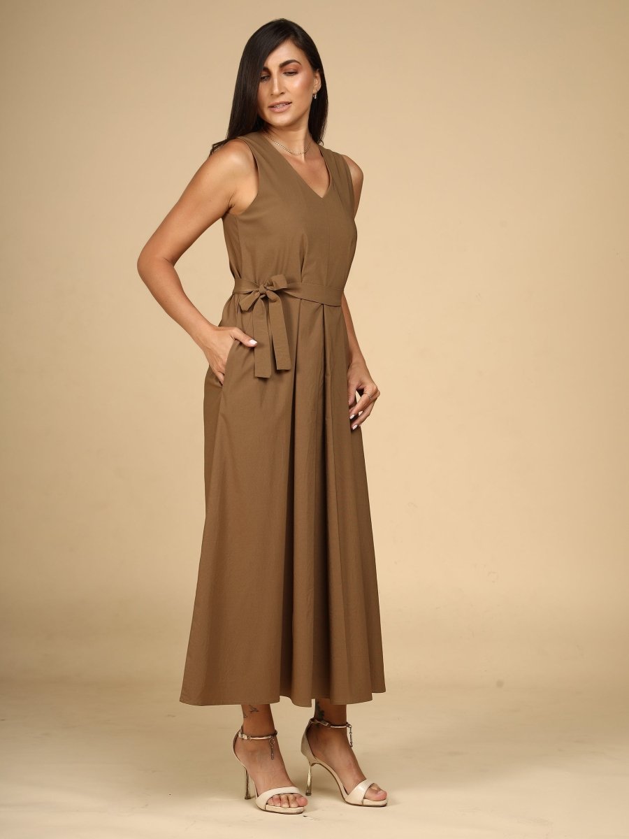 Earthtone Belted Midi Dress with Pockets - LEYR