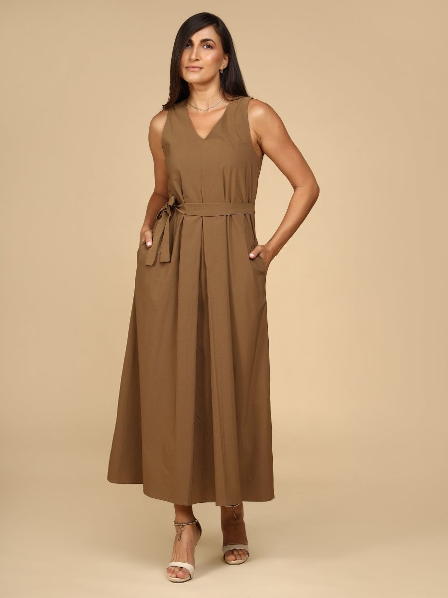 Earthtone Belted Midi Dress with Pockets - LEYR