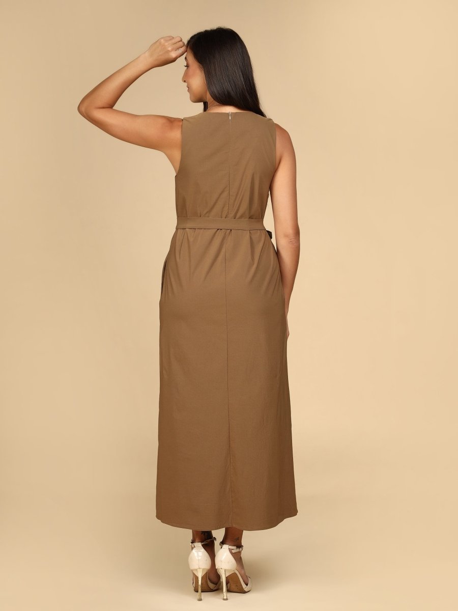 Earthtone Belted Midi Dress with Pockets - LEYR