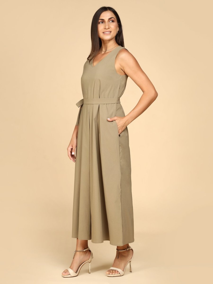 Earthtone Belted Midi Dress with Pockets - LEYR