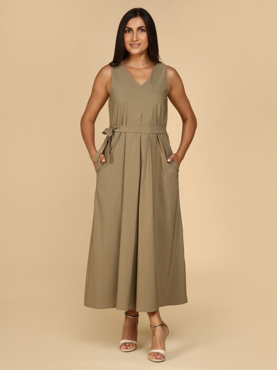 Earthtone Belted Midi Dress with Pockets - LEYR