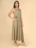 Earthtone Belted Midi Dress with Pockets - LEYR