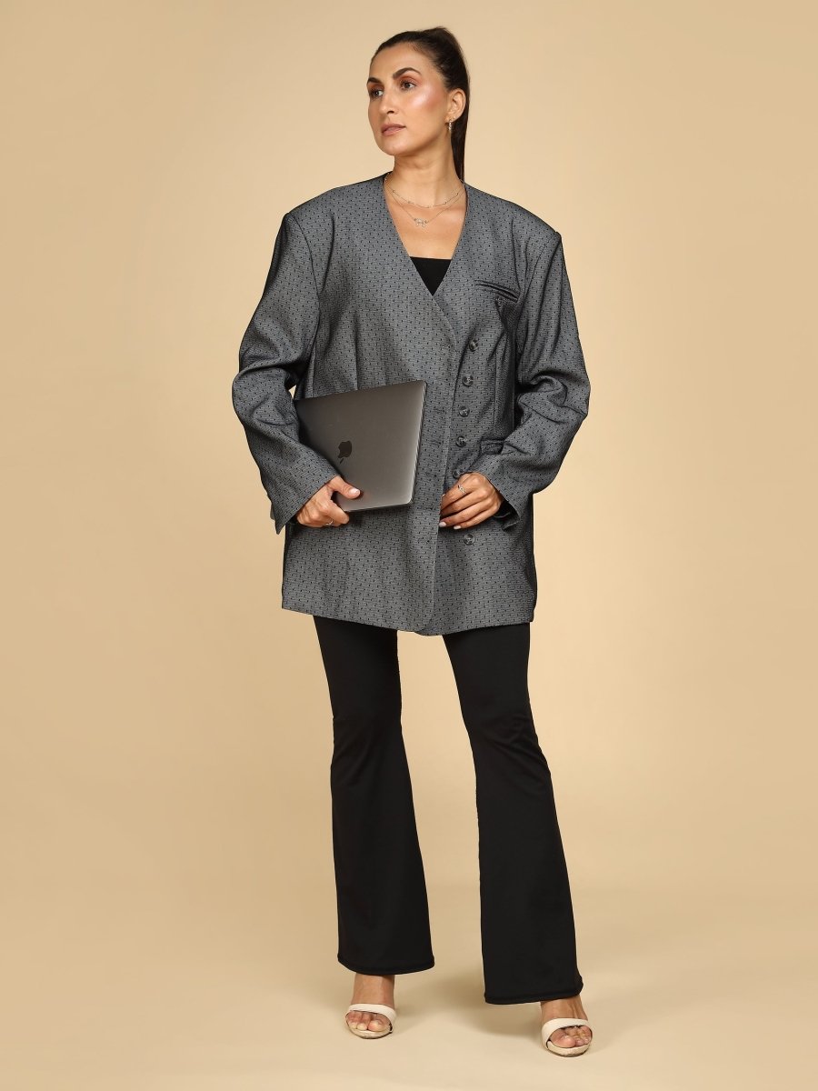 Dot Grid Asymmetric Blazer with Scarf - LEYR