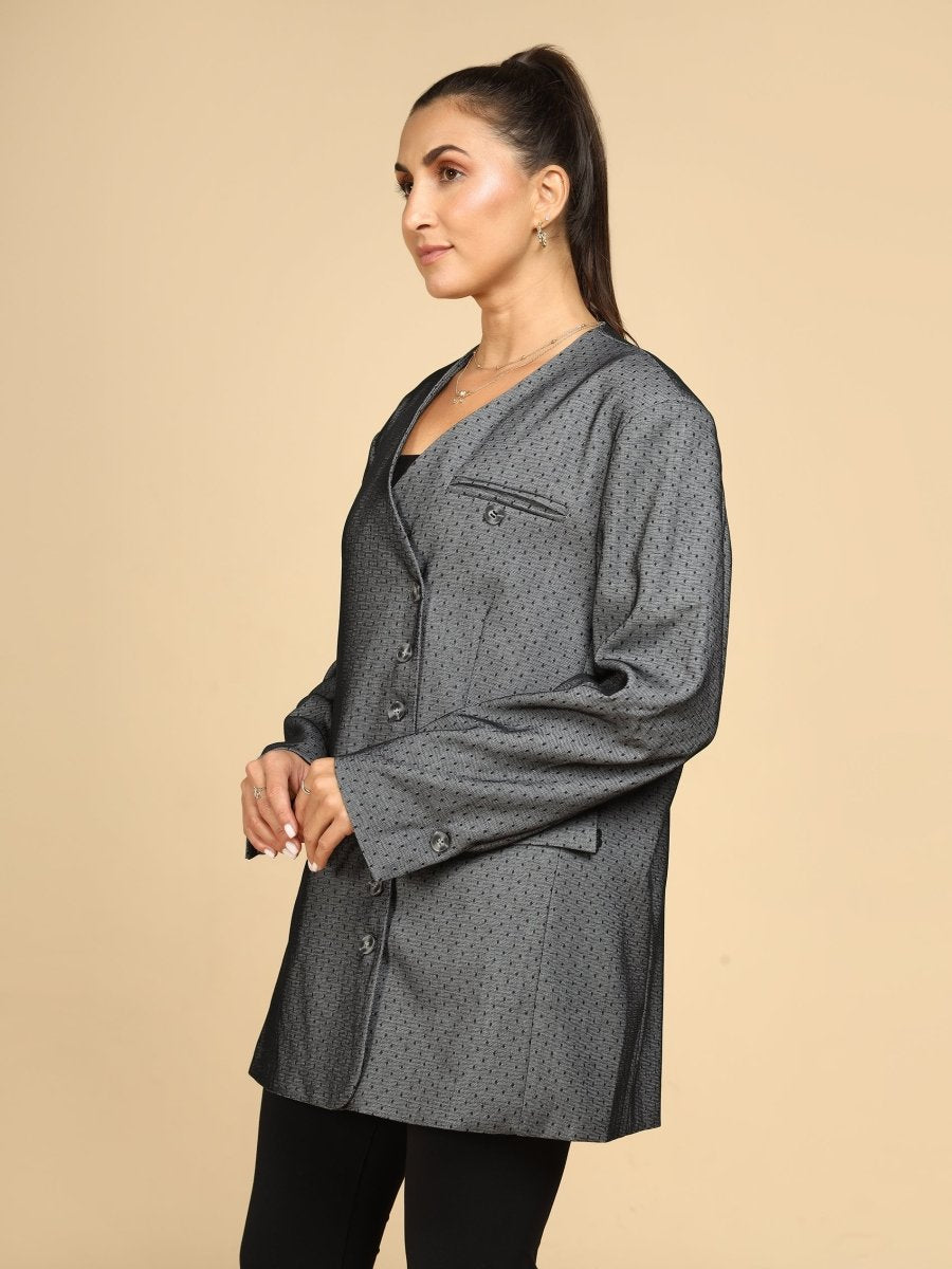 Dot Grid Asymmetric Blazer with Scarf - LEYR
