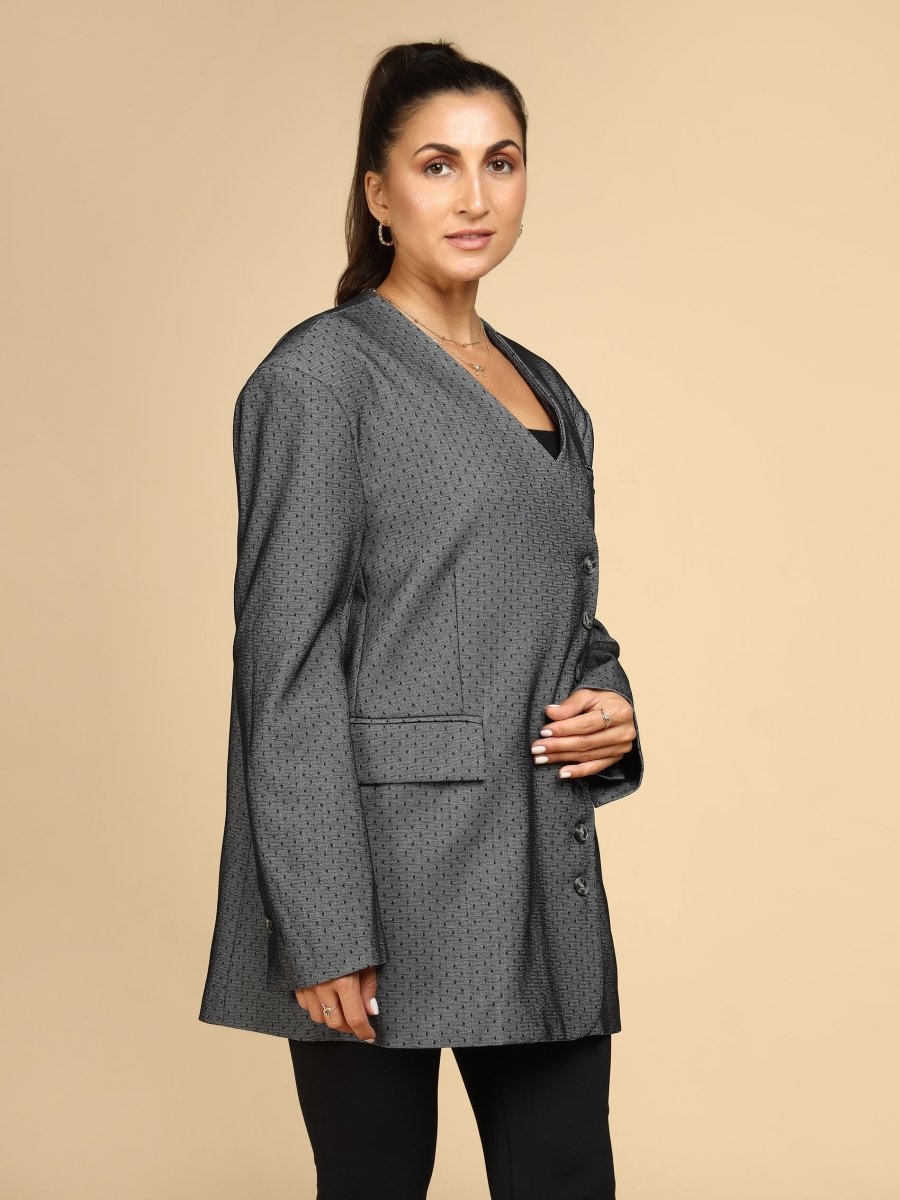 Dot Grid Asymmetric Blazer with Scarf - LEYR