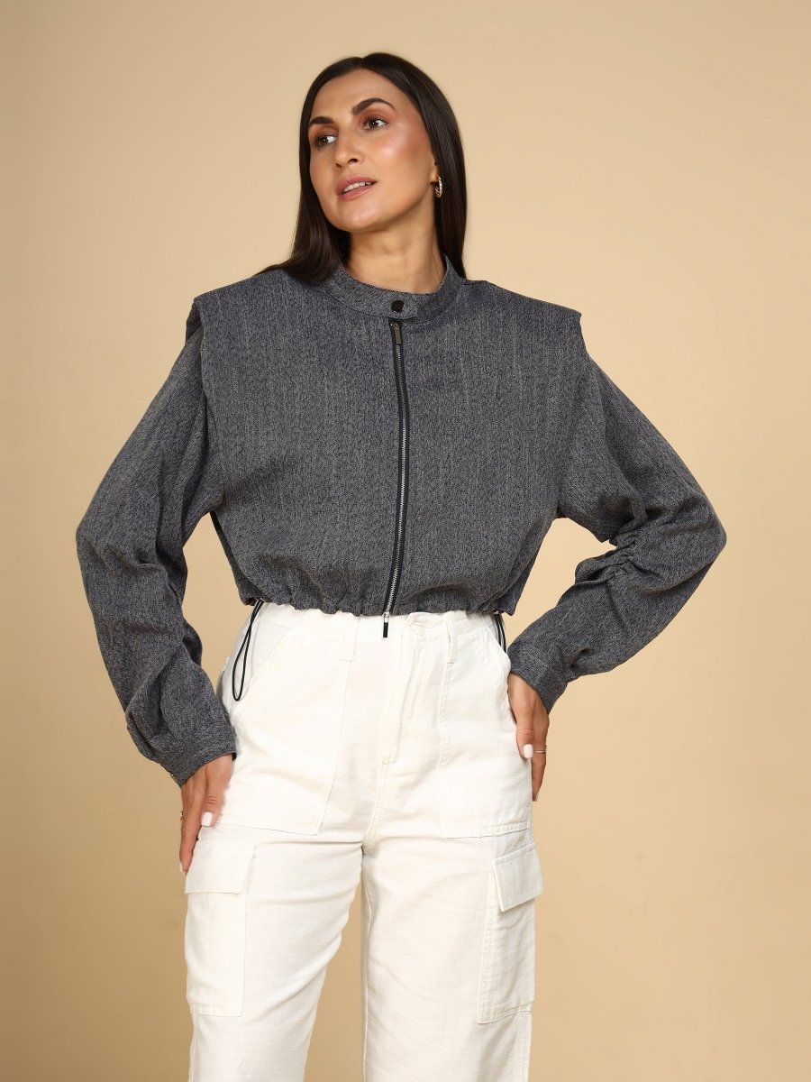 Steel Herringbone Cropped Jacket - LEYR