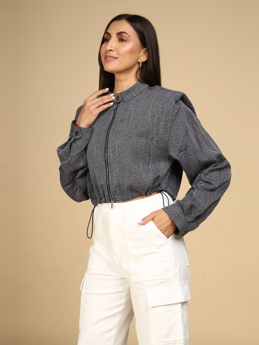 Steel Herringbone Cropped Jacket - LEYR