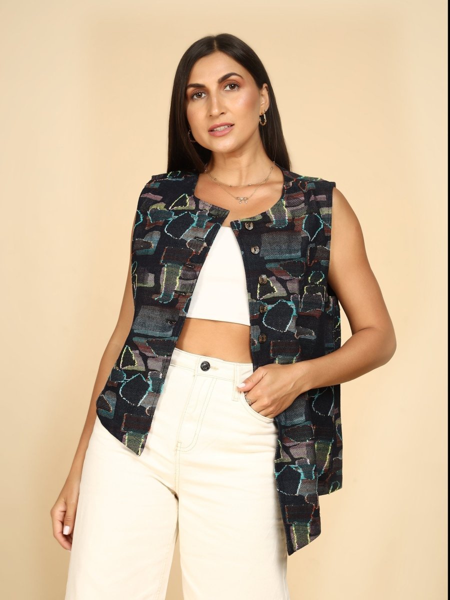 Abstract Jacquard Longline Sleeveless Vest - LEYR