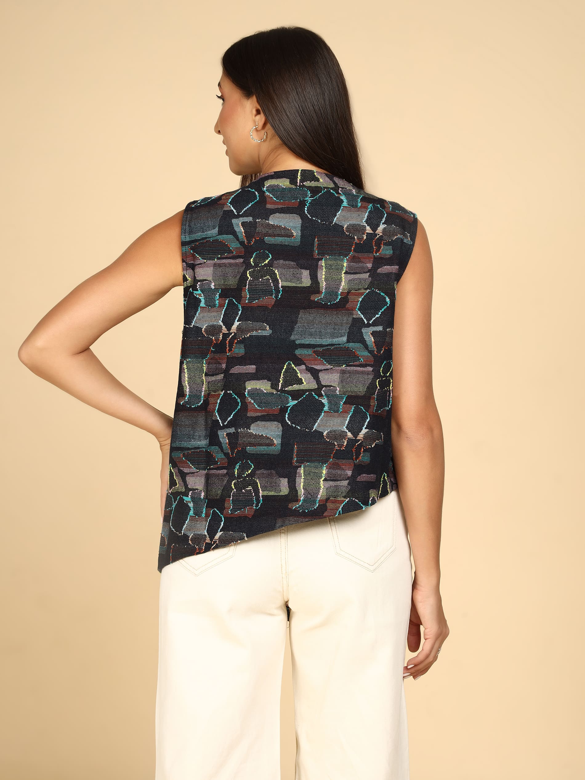 Abstract Jacquard Longline Sleeveless Vest